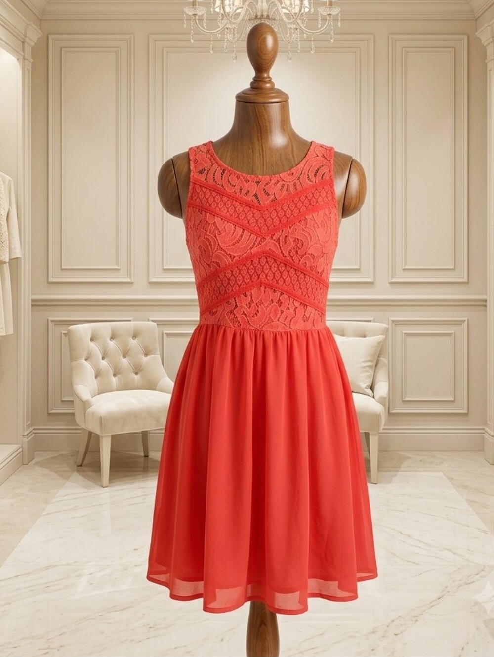 Sleeveless Lace Top with Flowy Skirt. Zip Back. Size Small